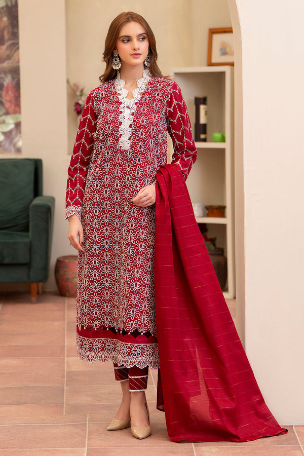 MIRAKHI-3PC LAWN CHIKENKARI EMBROIDERED SHIRT WITH LAWN TUBE SLUB DUPATTA-ADR-