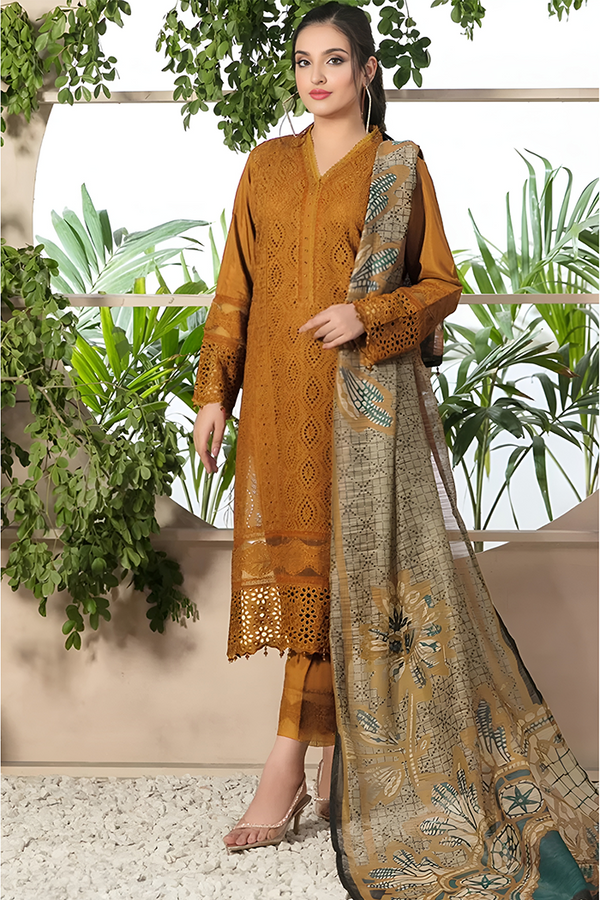 ZAINAB CHOTTANI-3PC CHIKANKAARI LAWN EMBROIDERED SHIRT WITH MONARK PRINT DUPATTA AND TROUSER-BIC-4052 Mustard