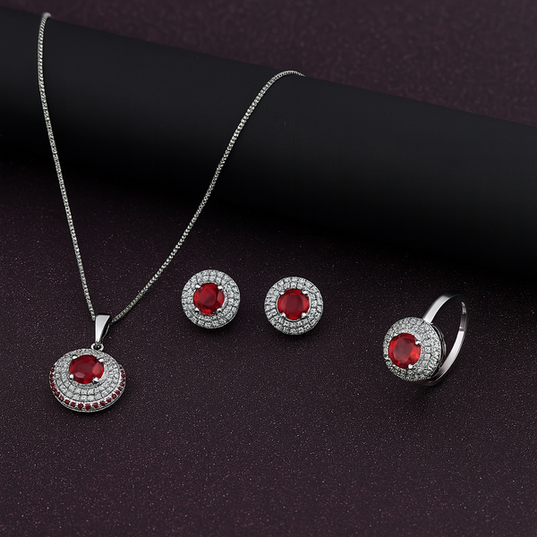 Pink Gemstone Pendant, Stud Earrings, and Ring Set For Girls / Women