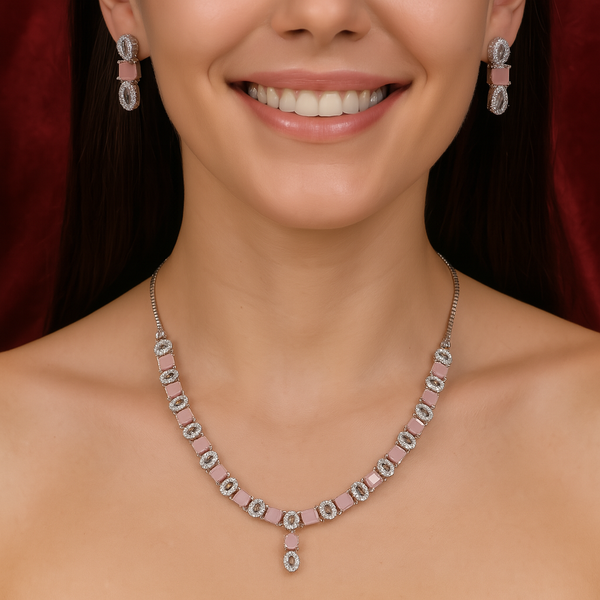 Pink Square Crystal Necklace and Earrings Set For Girls / Women