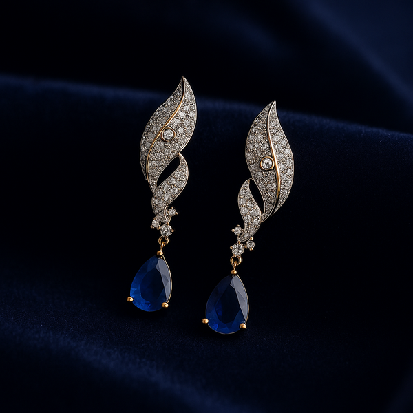 Luxury Crystal Encrusted Leaf Drop Earrings With Blue Gemstone