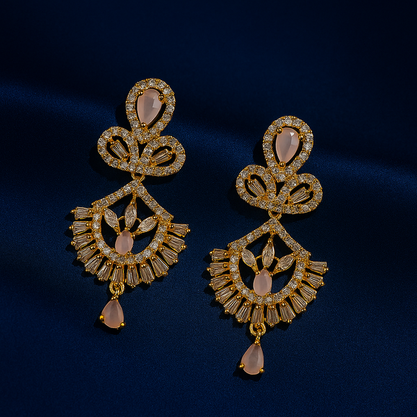 Ornate Gold and Pink Chandelier Earrings For Girls / Women