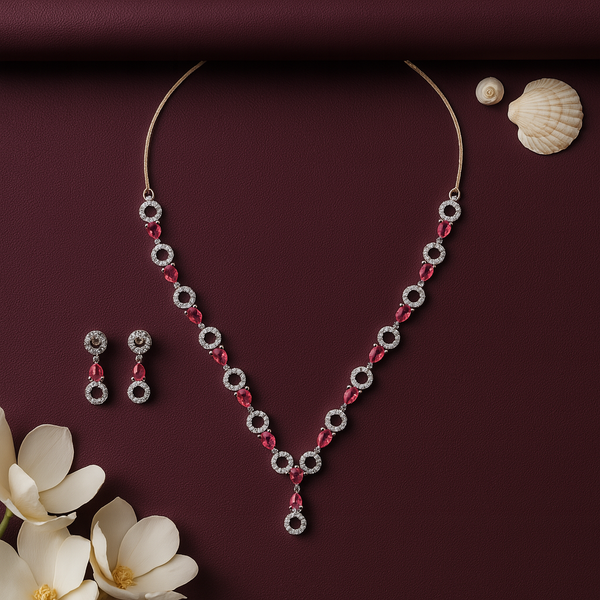 Pink Stone Necklace and Earrings Jewelry Set For Girls/ Women