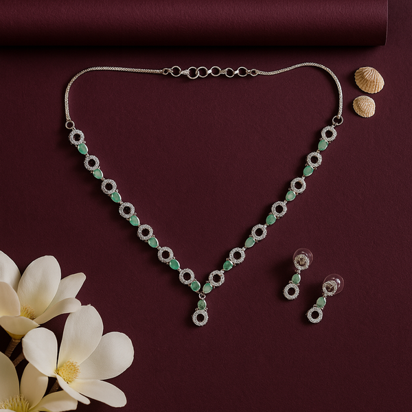 Green Stone Necklace and Earrings Jewelry Set For Girls/ Women