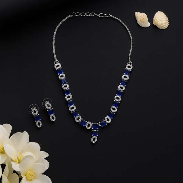 Sapphire Blue Square Crystal Necklace and Earrings Set For Girls / Women