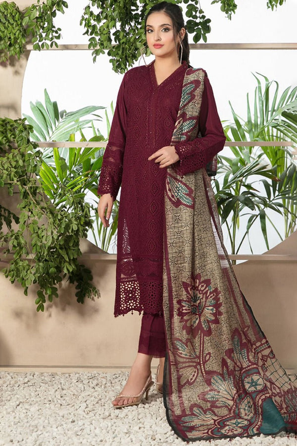 ZAINAB CHOTTANI-3PC CHIKANKAARI LAWN EMBROIDERED SHIRT WITH MONARK PRINT DUPATTA AND TROUSER-BIC-4052 MEHROON