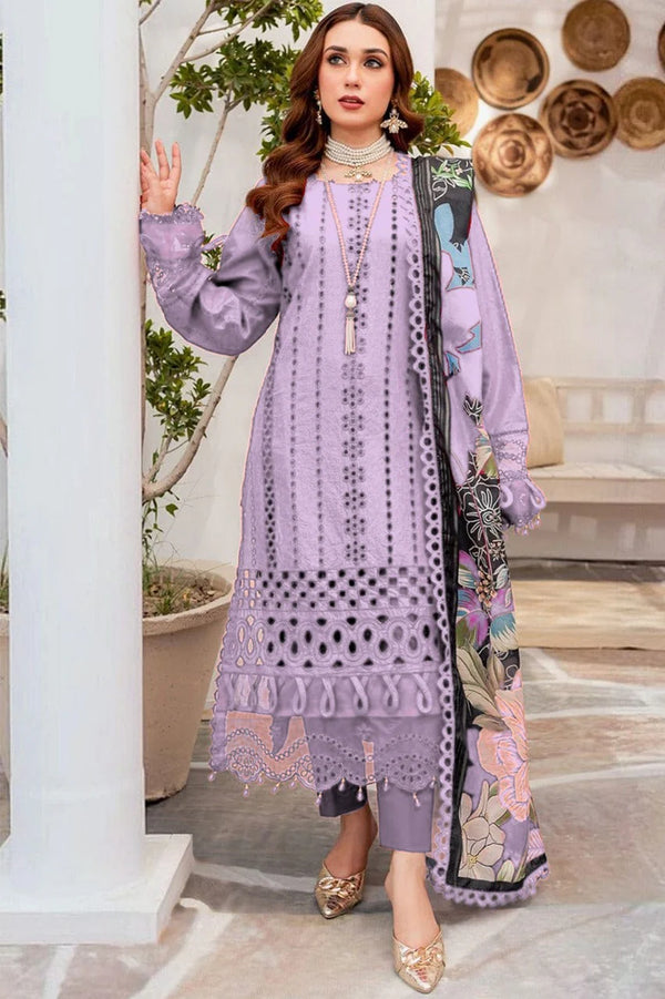 MARIA B-3PC CHIKENKAARI LAWN EMBROIDERED SHIRT WITH MONARK PRINT DUPATTA AND TROUSER-BIC-4054 (Z)